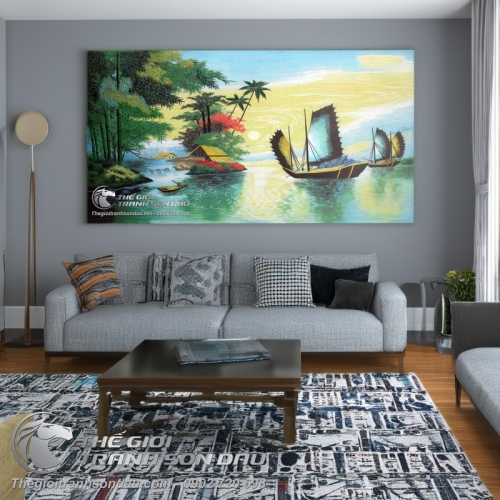 Tranh Làng Quê Êm Đềm Và Thuyền Buồm