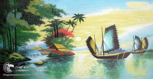 Tranh Làng Quê Êm Đềm Và Thuyền Buồm