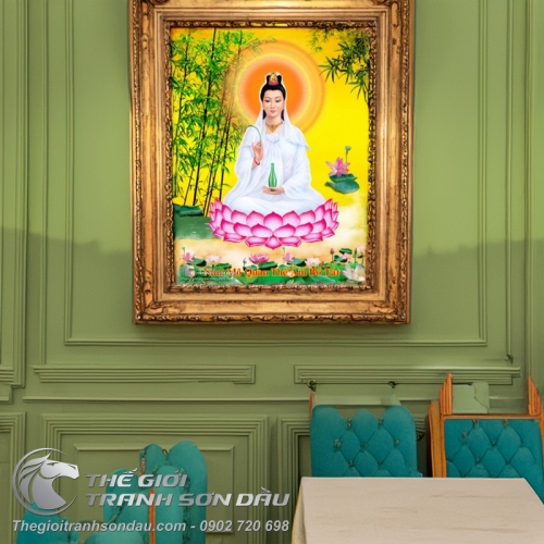 Tranh Phật Quan Âm Ngồi Nền Vàng Vẽ Sơn Dầu
