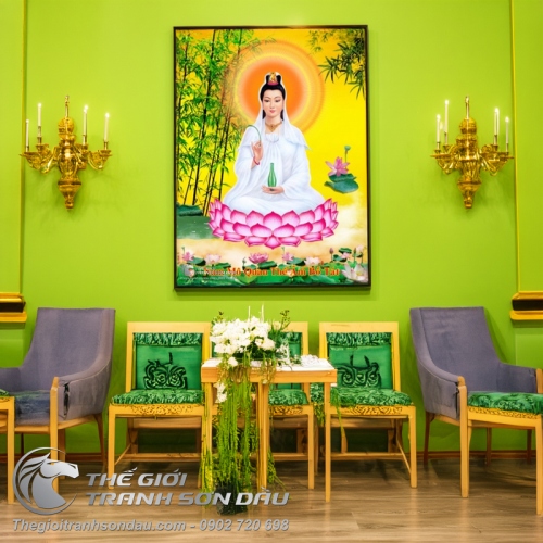 Tranh Phật Quan Âm Ngồi Nền Vàng Vẽ Sơn Dầu