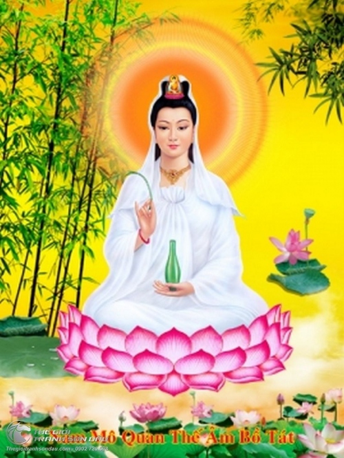 Tranh Phật Quan Âm Ngồi Nền Vàng Vẽ Sơn Dầu