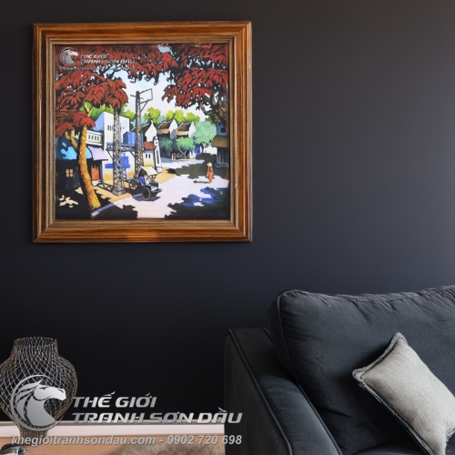 Tranh Phố Cổ Cây Lá Đỏ và Xich Lô