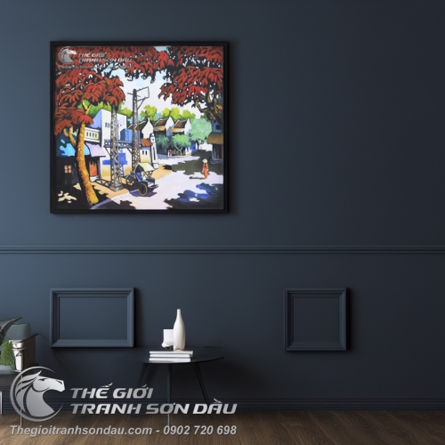 Tranh Phố Cổ Cây Lá Đỏ và Xich Lô