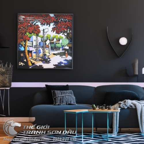 Tranh Phố Cổ Cây Lá Đỏ và Xich Lô