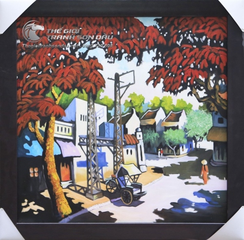 Tranh Phố Cổ Cây Lá Đỏ và Xich Lô