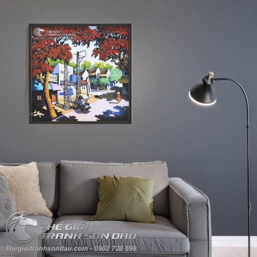 Tranh Phố Cổ Cây Lá Đỏ và Xich Lô