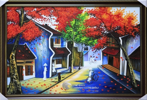 Tranh Phố Cổ Học Sinh Áo Dài Trắng Thướt Tha