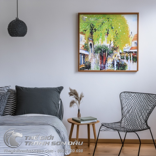 Tranh Phố Cổ Nữ Sinh Áo Dài Đang Ôm Cặp