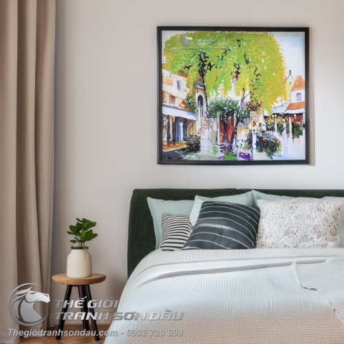 Tranh Phố Cổ Nữ Sinh Áo Dài Đang Ôm Cặp