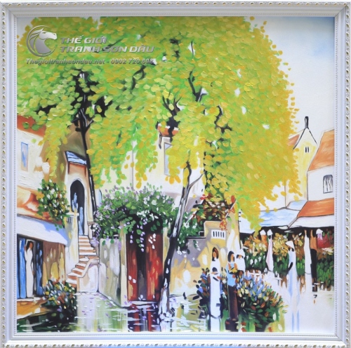 Tranh Phố Cổ Nữ Sinh Áo Dài Đang Ôm Cặp