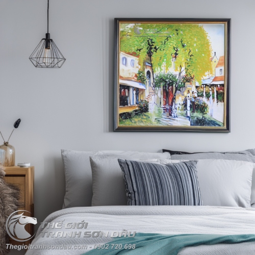 Tranh Phố Cổ Nữ Sinh Áo Dài Đang Ôm Cặp