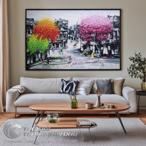 Tranh Phố Cổ Trắng Đen và Cây Trát Bay Cam Xanh và Tím