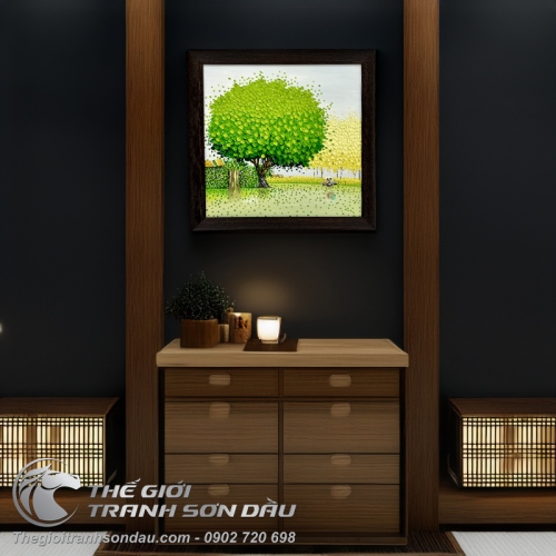 Tranh Phong Cảnh Hiện Đại Phố Hoa Cây Xanh Lá