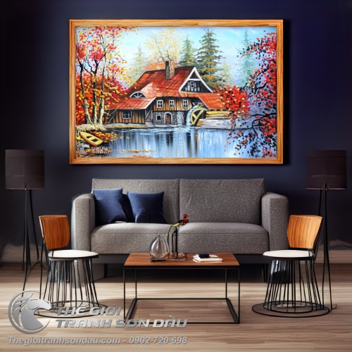 Tranh Phong Cảnh Ngôi Nhà Rừng Cây Lá Đỏ
