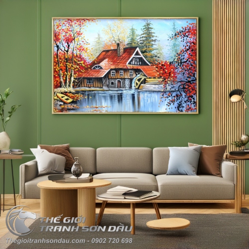 Tranh Phong Cảnh Ngôi Nhà Rừng Cây Lá Đỏ