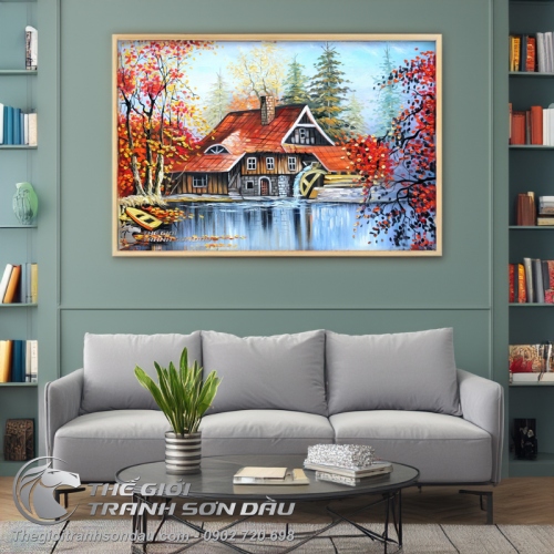 Tranh Phong Cảnh Ngôi Nhà Rừng Cây Lá Đỏ
