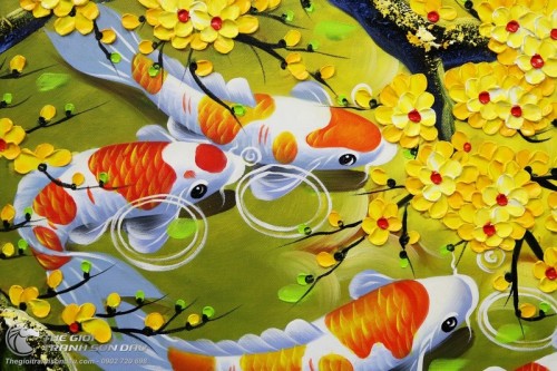 Tranh Phong Thủy Cá Chép và Gốc Mai Vàng Đắp Bay
