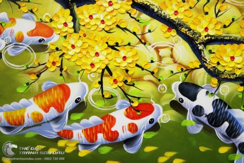 Tranh Phong Thủy Cá Chép và Gốc Mai Vàng Đắp Bay