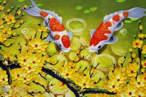 Tranh Phong Thủy Cá Chép và Gốc Mai Vàng Đắp Bay