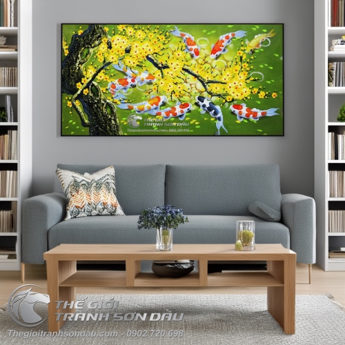 Tranh Phong Thủy Cá Chép và Gốc Mai Vàng Đắp Bay