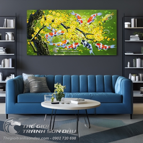 Tranh Phong Thủy Cá Chép và Gốc Mai Vàng Đắp Bay