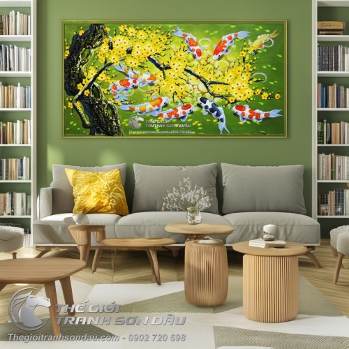 Tranh Phong Thủy Cá Chép và Gốc Mai Vàng Đắp Bay
