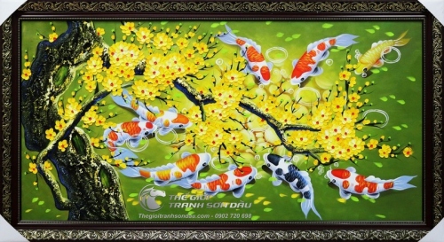 Tranh Phong Thủy Cá Chép và Gốc Mai Vàng Đắp Bay