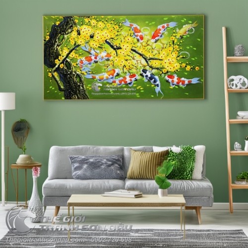 Tranh Phong Thủy Cá Chép và Gốc Mai Vàng Đắp Bay
