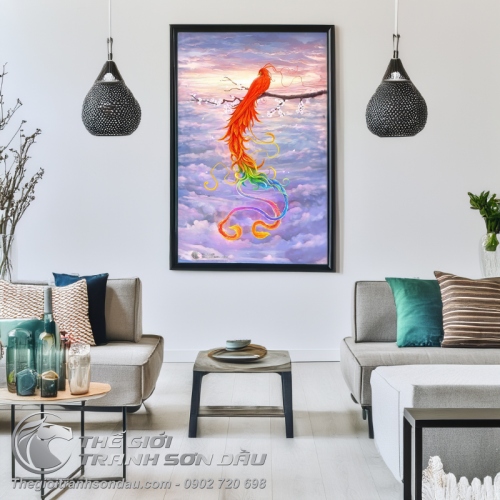Tranh Phụng Hoàng Lửa Đậu Trên Cành Hoa