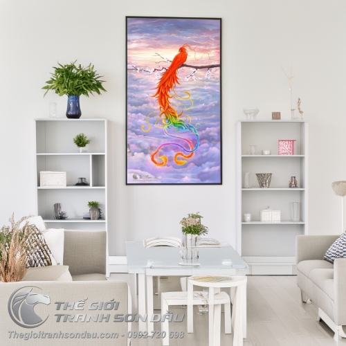 Tranh Phụng Hoàng Lửa Đậu Trên Cành Hoa