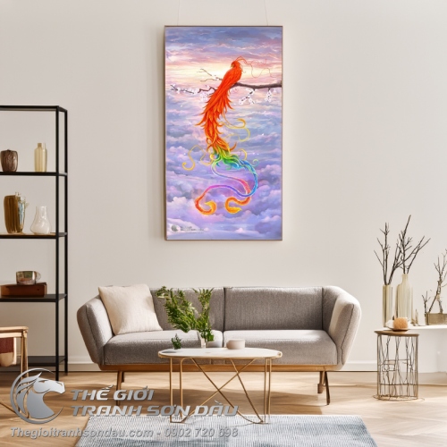 Tranh Phụng Hoàng Lửa Đậu Trên Cành Hoa