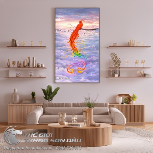 Tranh Phụng Hoàng Lửa Đậu Trên Cành Hoa
