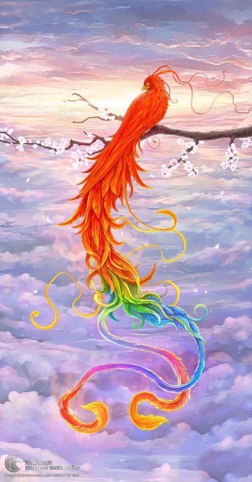 Tranh Phụng Hoàng Lửa Đậu Trên Cành Hoa