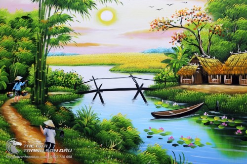 Tranh Quê Hương Mái Nhà Tranh Bên Cầu Tre