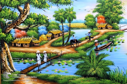 Tranh Quê Hương Thuyền Trên Sông Nữ Sinh Áo Dài Đi Cầu Tre