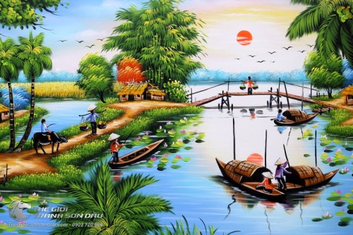 Tranh Quê Hương Thuyền Trên Sông Nữ Sinh Áo Dài Đi Cầu Tre