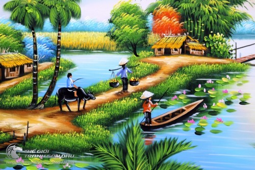 Tranh Quê Hương Thuyền Trên Sông Nữ Sinh Áo Dài Đi Cầu Tre