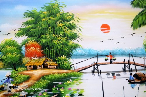 Tranh Quê Hương Thuyền Trên Sông Nữ Sinh Áo Dài Đi Cầu Tre