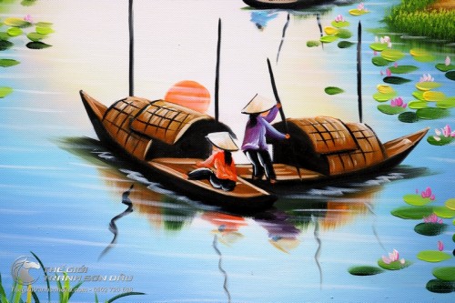 Tranh Quê Hương Thuyền Trên Sông Nữ Sinh Áo Dài Đi Cầu Tre