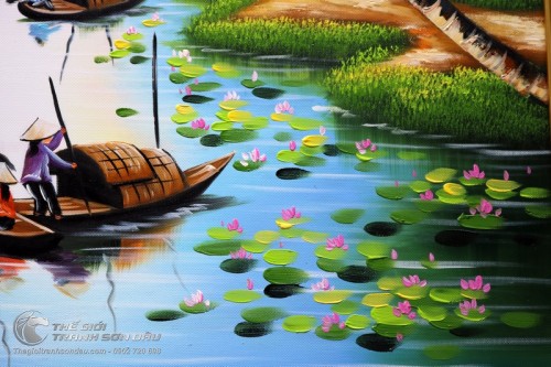 Tranh Quê Hương Thuyền Trên Sông Nữ Sinh Áo Dài Đi Cầu Tre