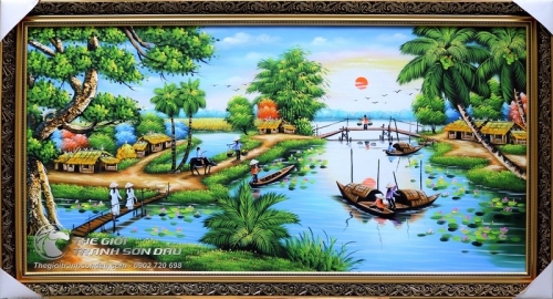 Tranh Quê Hương Thuyền Trên Sông Nữ Sinh Áo Dài Đi Cầu Tre