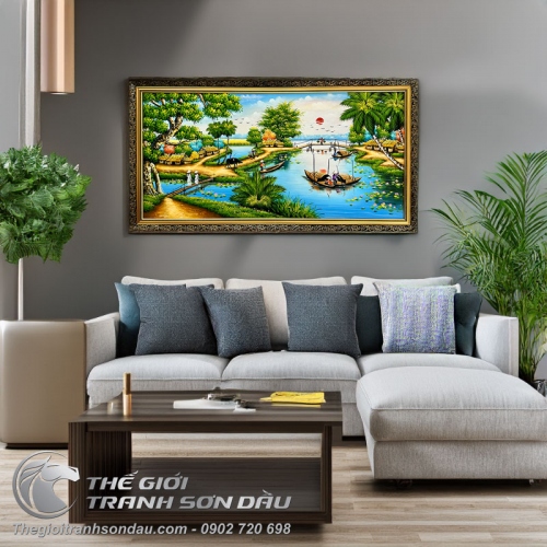Tranh Quê Hương Thuyền Trên Sông Nữ Sinh Áo Dài Đi Cầu Tre