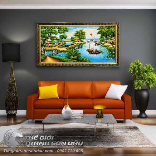Tranh Quê Hương Thuyền Trên Sông Nữ Sinh Áo Dài Đi Cầu Tre