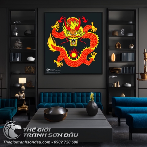 Tranh Rồng Đỏ Đầu Vàng Hí Long Châu