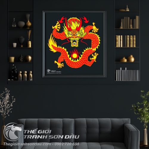 Tranh Rồng Đỏ Đầu Vàng Hí Long Châu