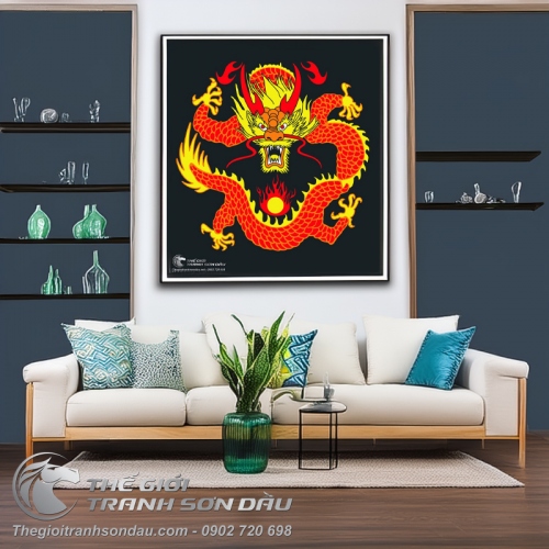 Tranh Rồng Đỏ Đầu Vàng Hí Long Châu