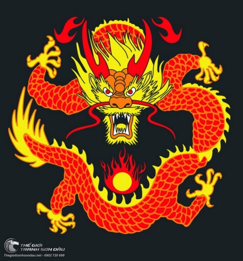 Tranh Rồng Đỏ Đầu Vàng Hí Long Châu