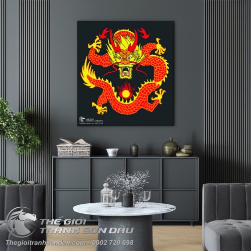 Tranh Rồng Đỏ Đầu Vàng Hí Long Châu