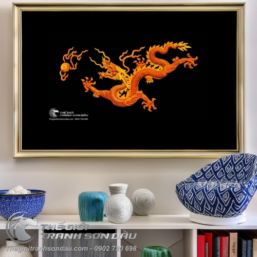 Tranh Rồng Vàng Nhả Châu Trên Nền Đen