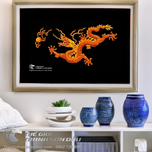 Tranh Rồng Vàng Nhả Châu Trên Nền Đen